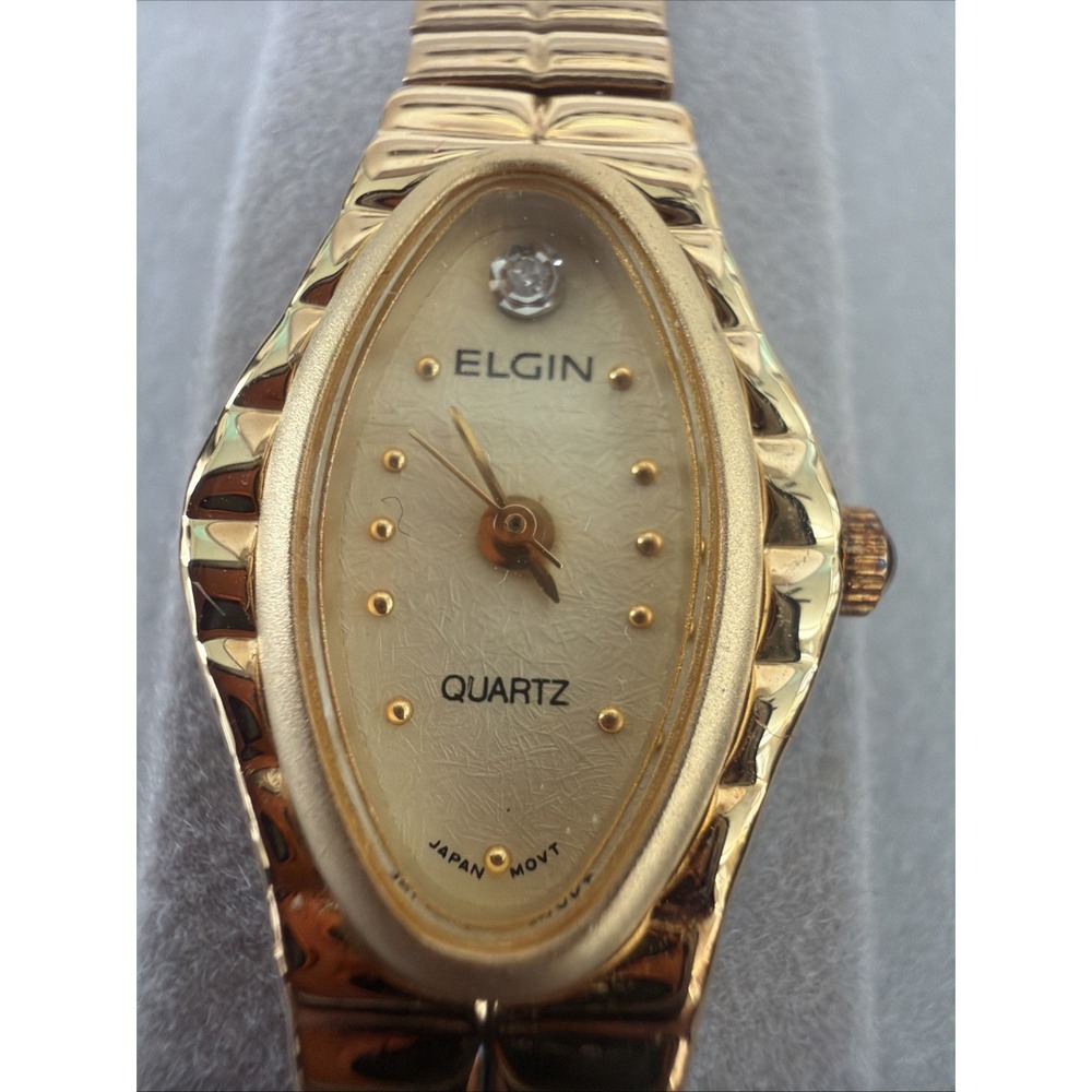Vintage Elgin Diamond Ladies Watch Oval Textured Dial Gold Tone Stretch Band NEW - Picture 3 of 15